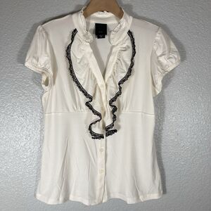 Cream Ivory Blouse M Ruffle Collar Black Lace Trim Cap Sleeve Coquette Career